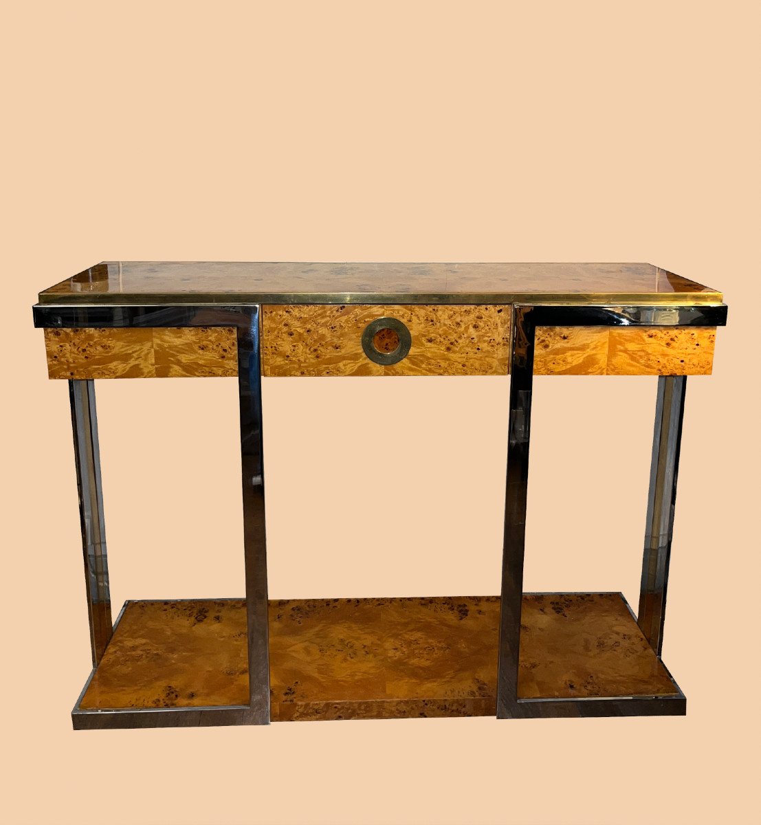 Console In Elm Burl And Gilded Brass “alveo Collection”, Ed. Mario Sabot, Circa 1970