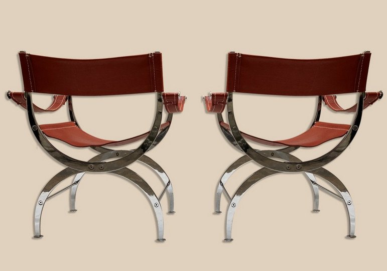 Pair Of Curule Seats In Leather And Chromed Metal, Circa 1970-photo-3
