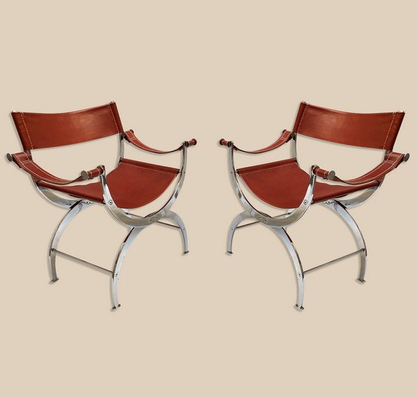 Pair Of Curule Seats In Leather And Chromed Metal, Circa 1970