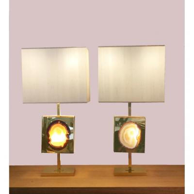 Pair Of Lamps, Golden Brass And Agate