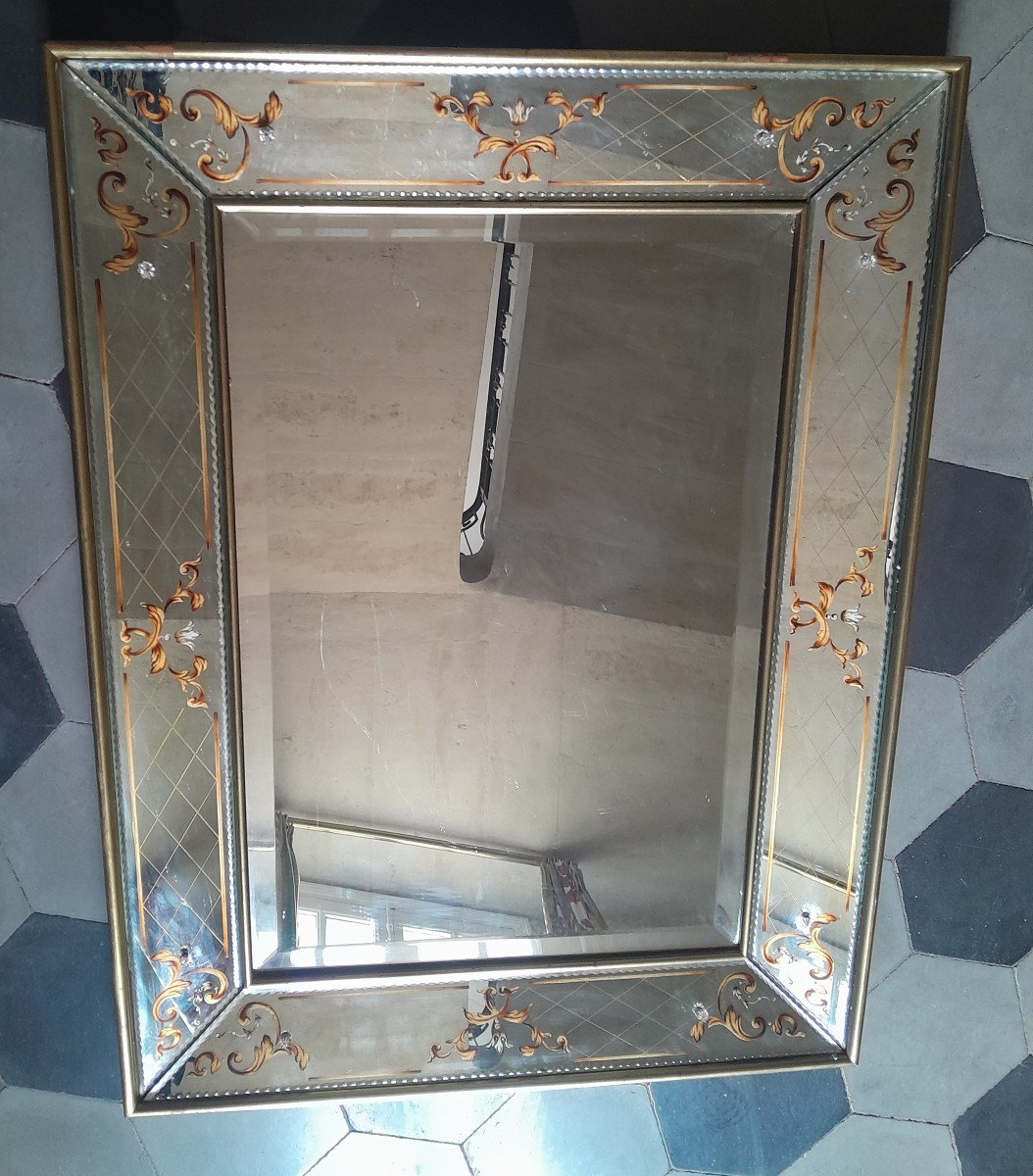 Miroir rectangulaire en verre églomisé et biseauté -photo-2