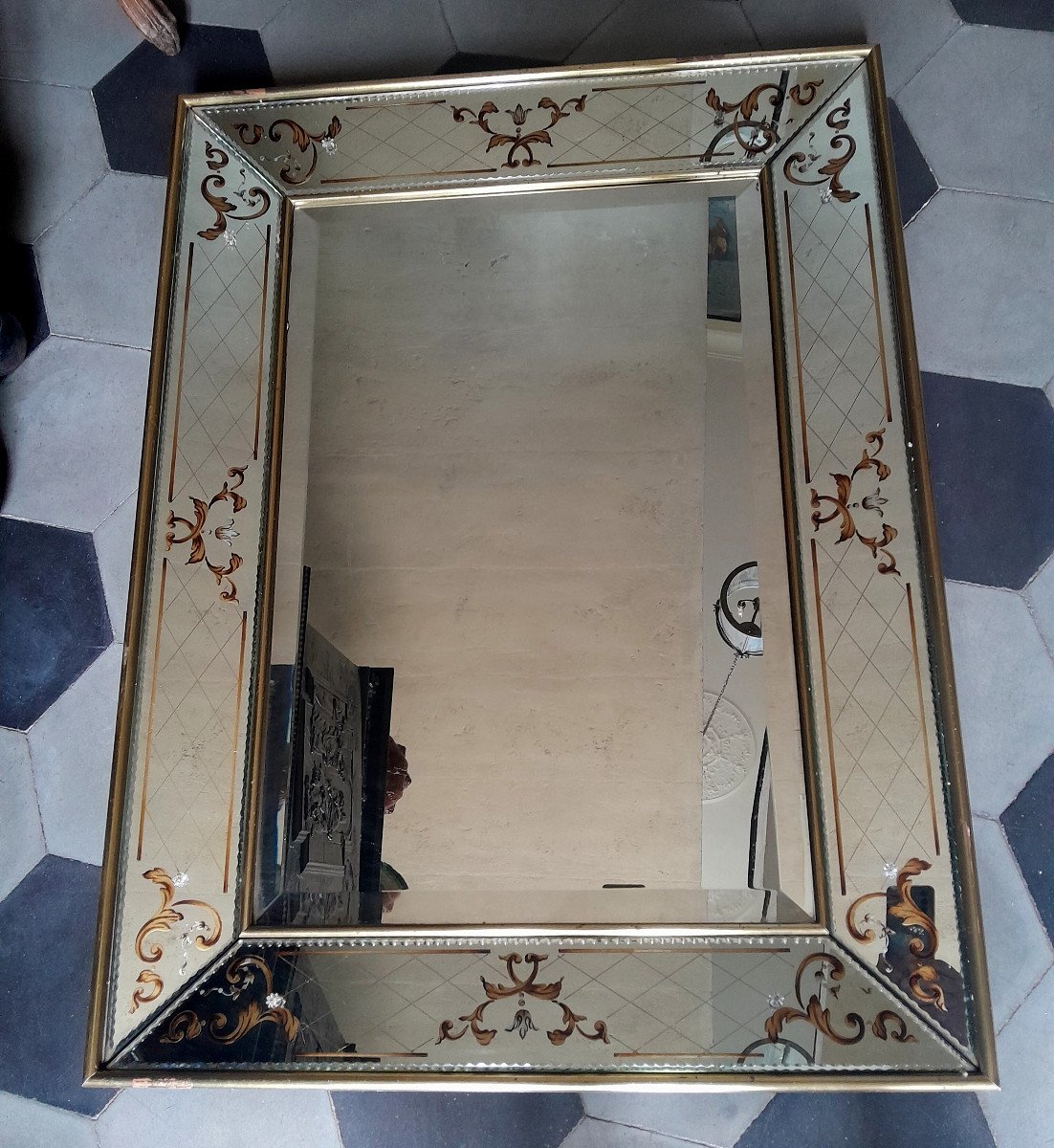 Miroir rectangulaire en verre églomisé et biseauté -photo-1