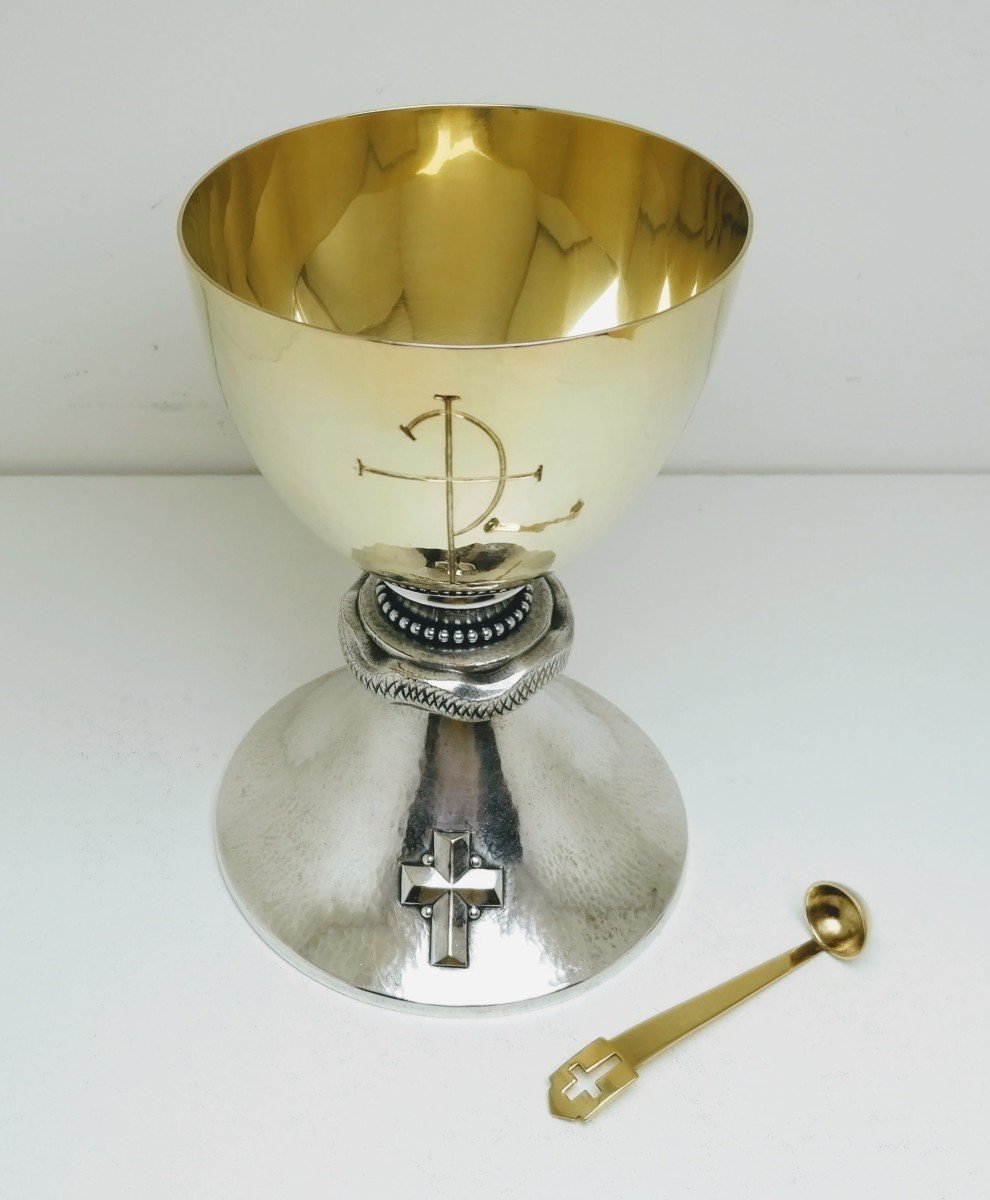 Chalice With Its Paten And Spoon In Solid Silver-photo-4