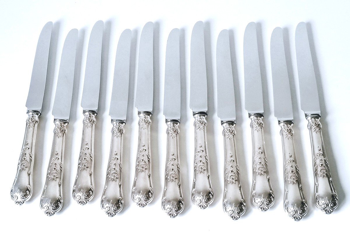 Eleven Table Knives And Eleven Dessert Knives In Solid Silver Regency Model-photo-2