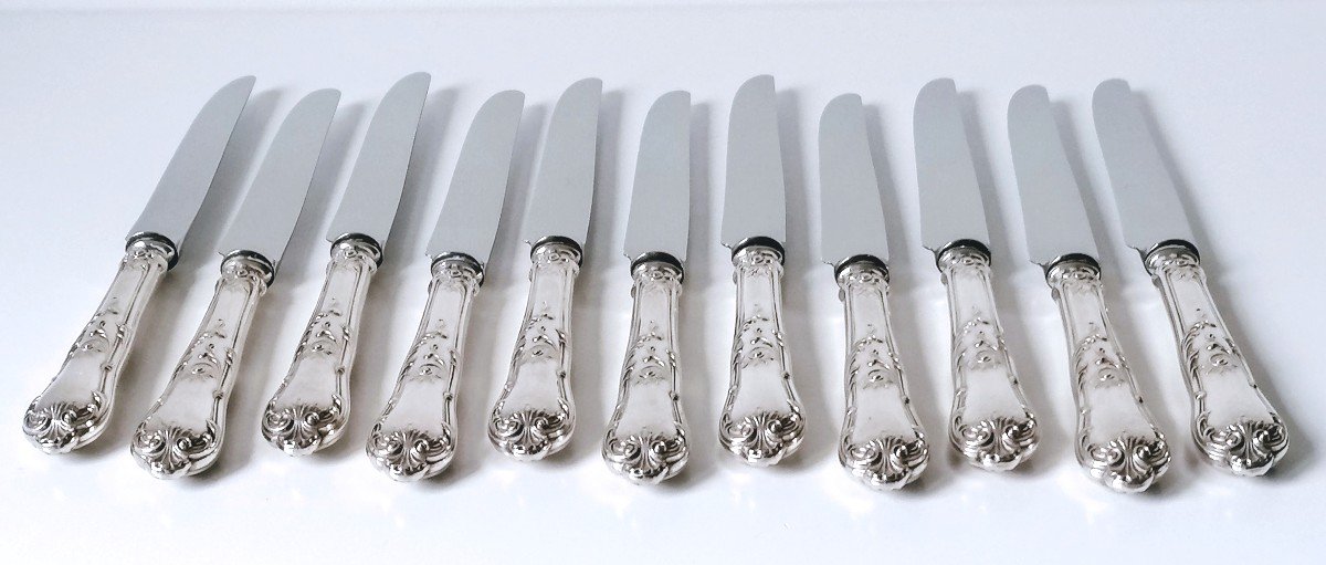 Eleven Table Knives And Eleven Dessert Knives In Solid Silver Regency Model-photo-3