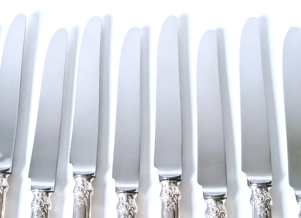 Eleven Table Knives And Eleven Dessert Knives In Solid Silver Regency Model-photo-1