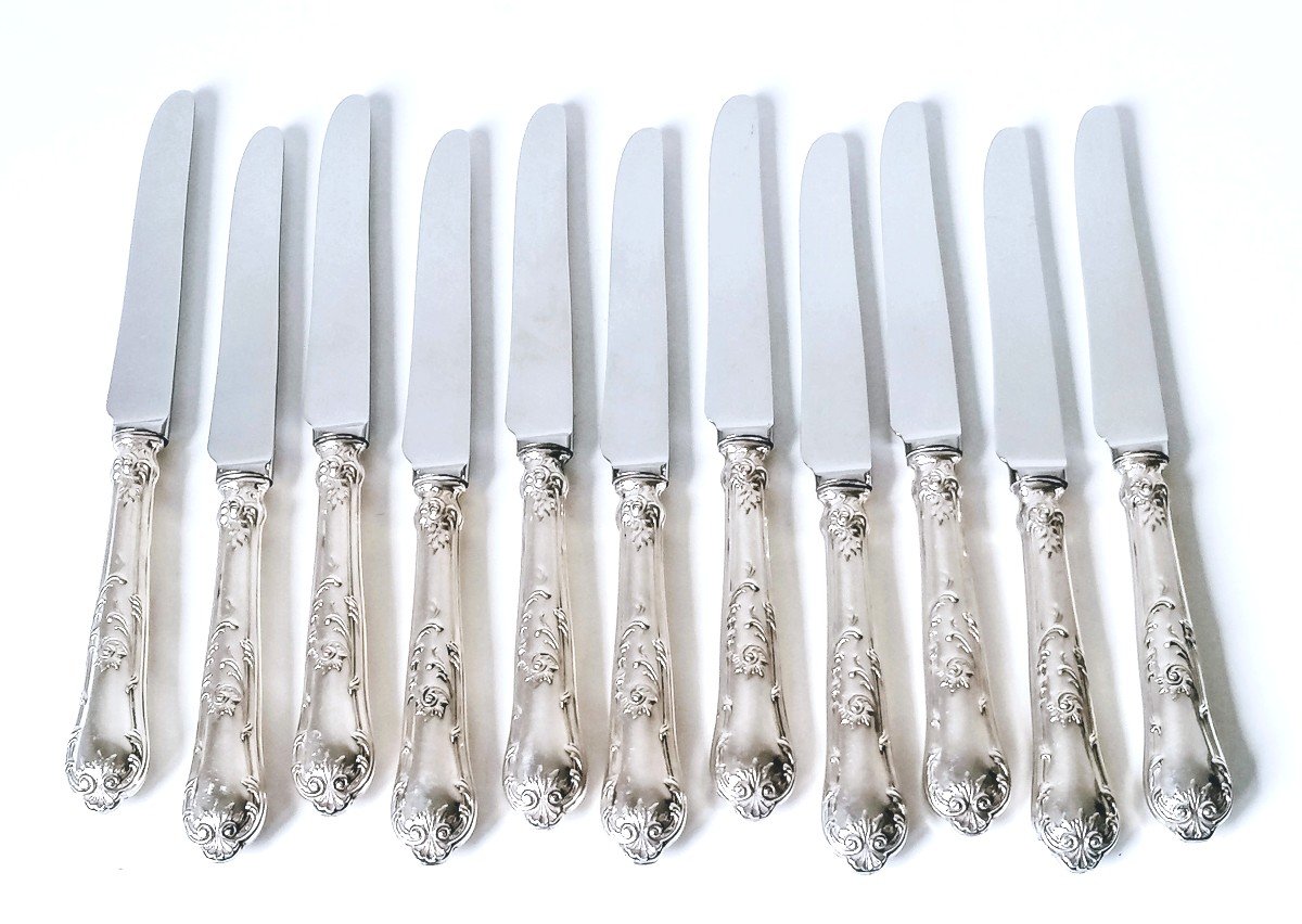 Eleven Table Knives And Eleven Dessert Knives In Solid Silver Regency Model-photo-2