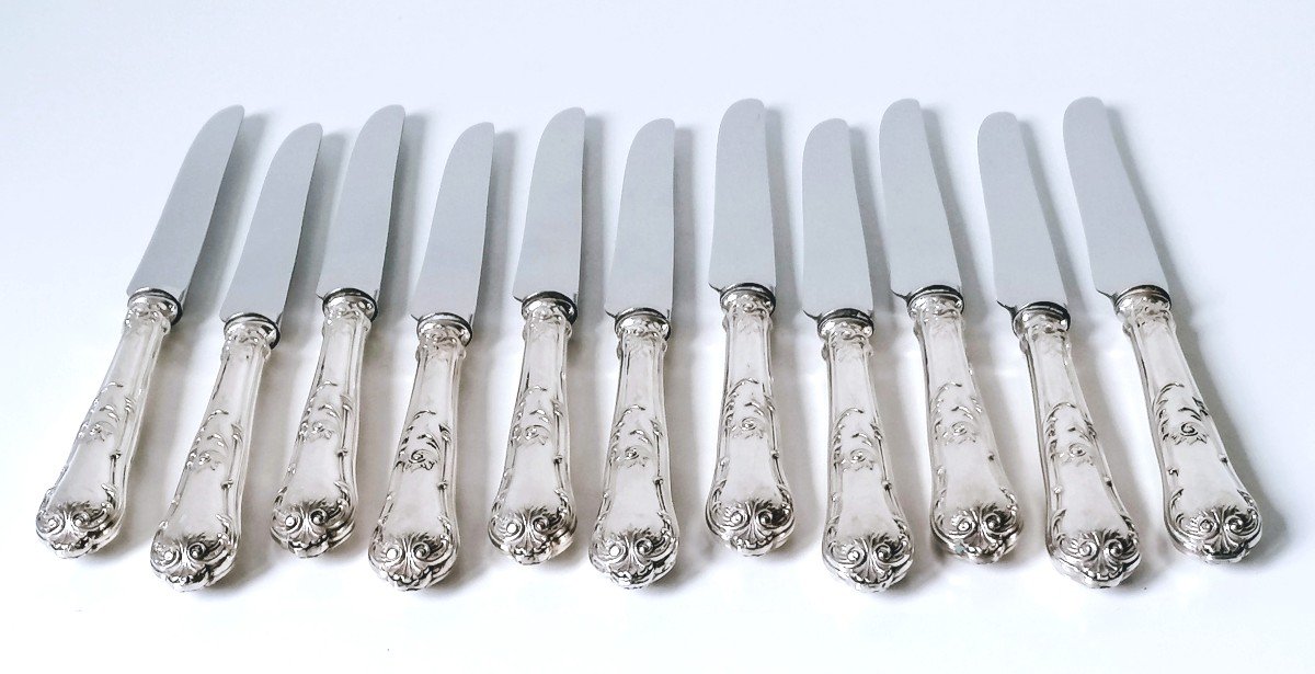 Eleven Table Knives And Eleven Dessert Knives In Solid Silver Regency Model-photo-3