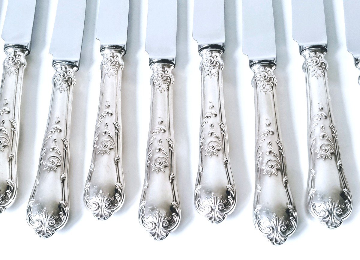 Eleven Table Knives And Eleven Dessert Knives In Solid Silver Regency Model-photo-4