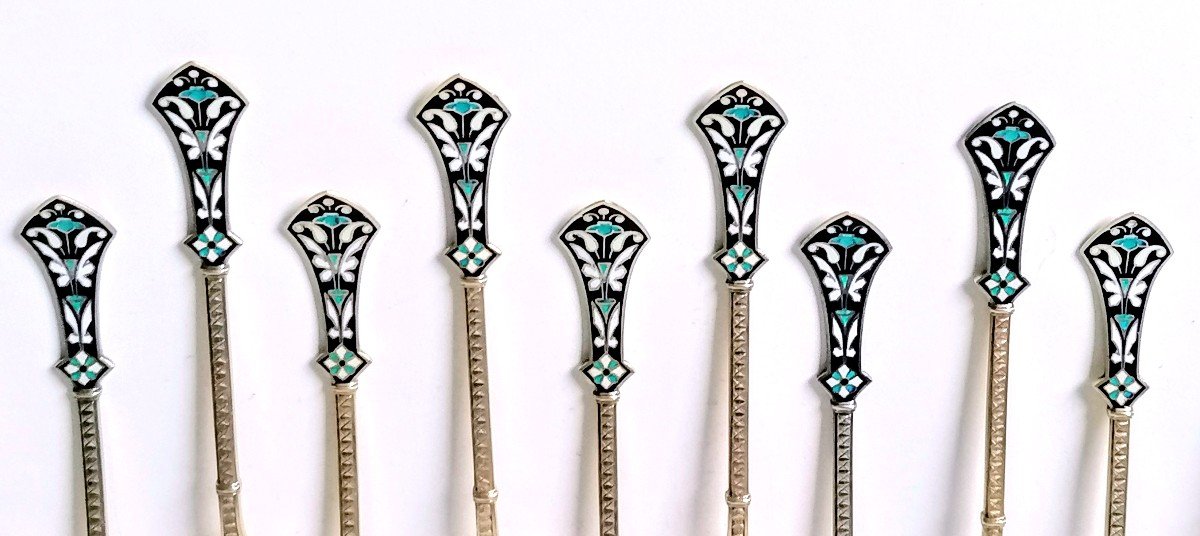 Twelve Mocha Spoons In Solid Silver With Enamel-photo-1