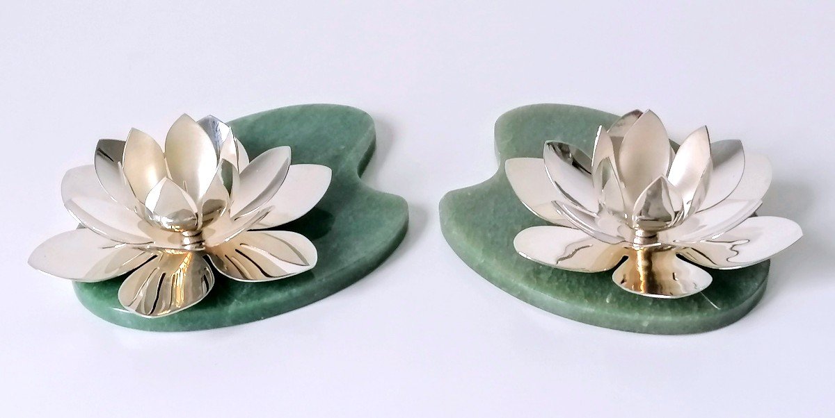 A Pair Of Solid Silver And Jade Candlesticks In The Shape Of Water Lilies-photo-2