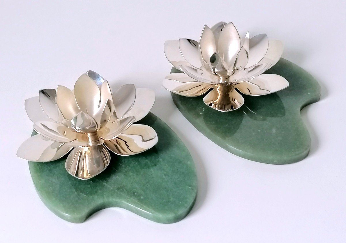 A Pair Of Solid Silver And Jade Candlesticks In The Shape Of Water Lilies-photo-4