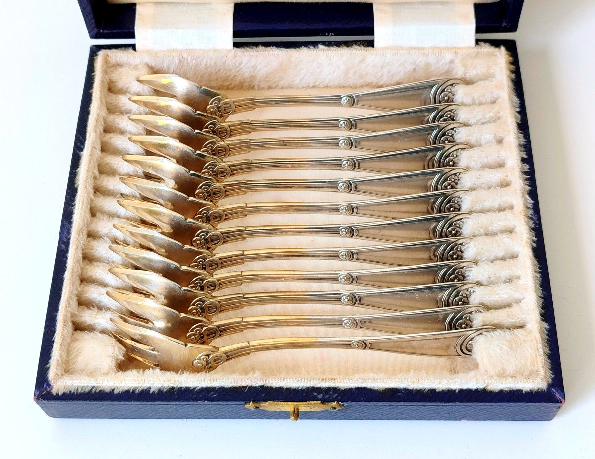 Twelve Oyster Forks In Solid Silver -photo-2
