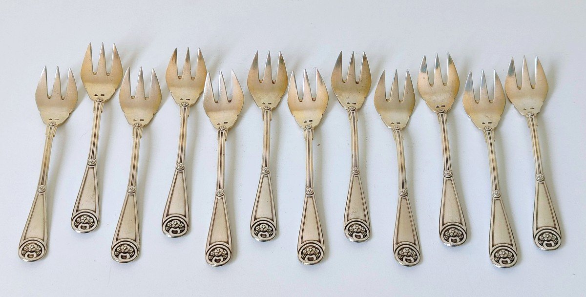 Twelve Oyster Forks In Solid Silver -photo-3