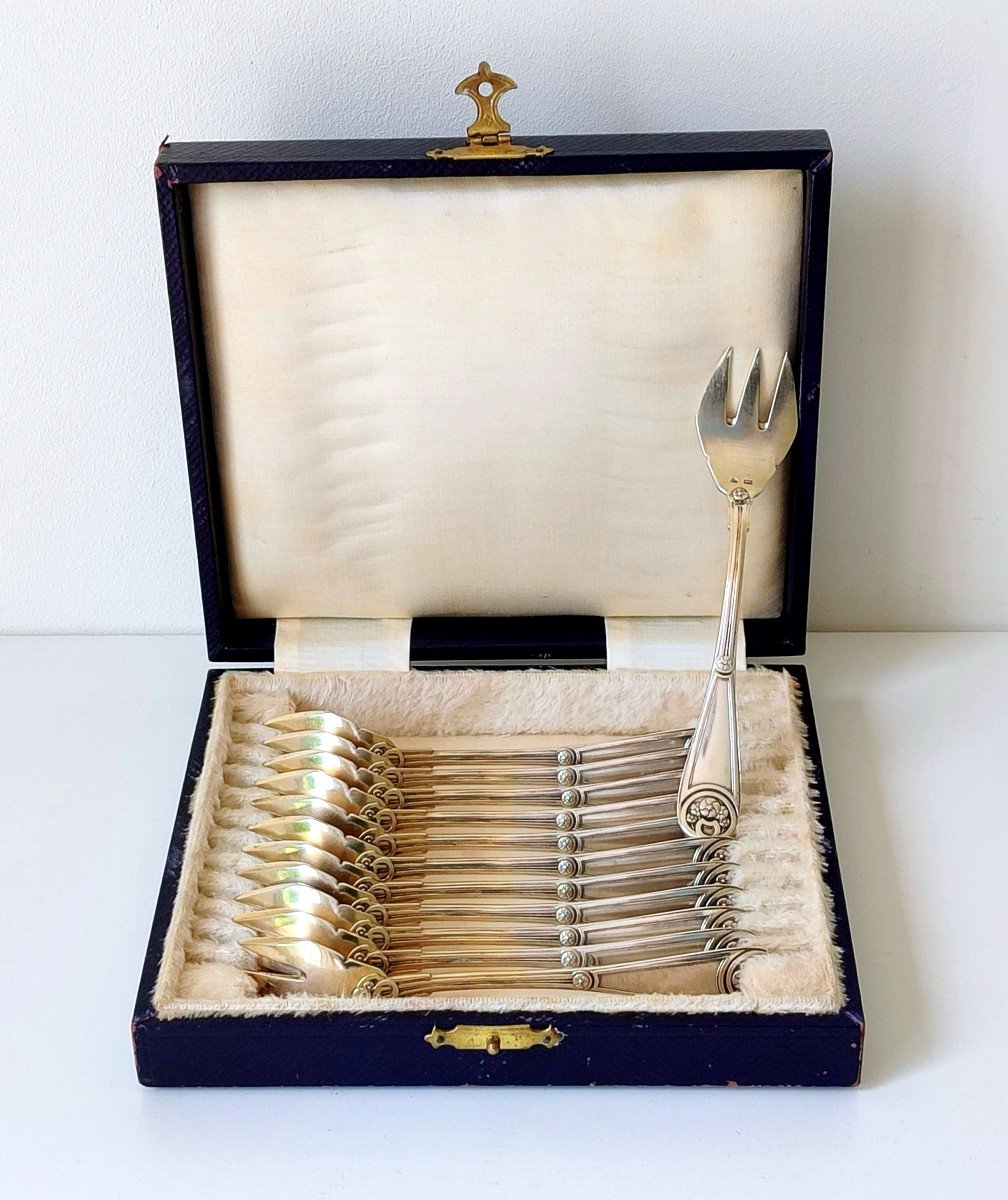 Twelve Oyster Forks In Solid Silver 