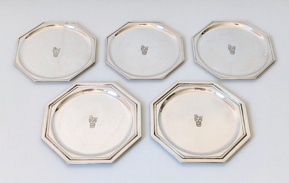 Five Art Deco Coasters In Solid Silver 