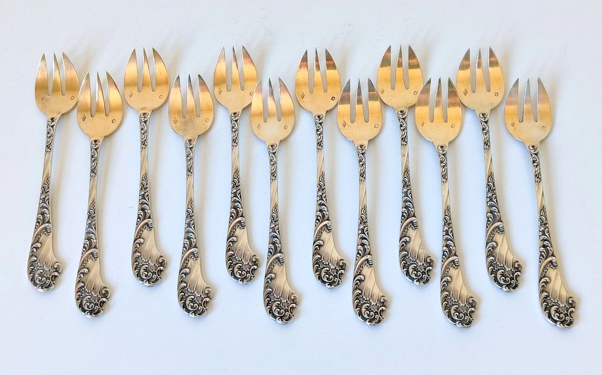 Douze fourchettes à huitres en argent massif -photo-3