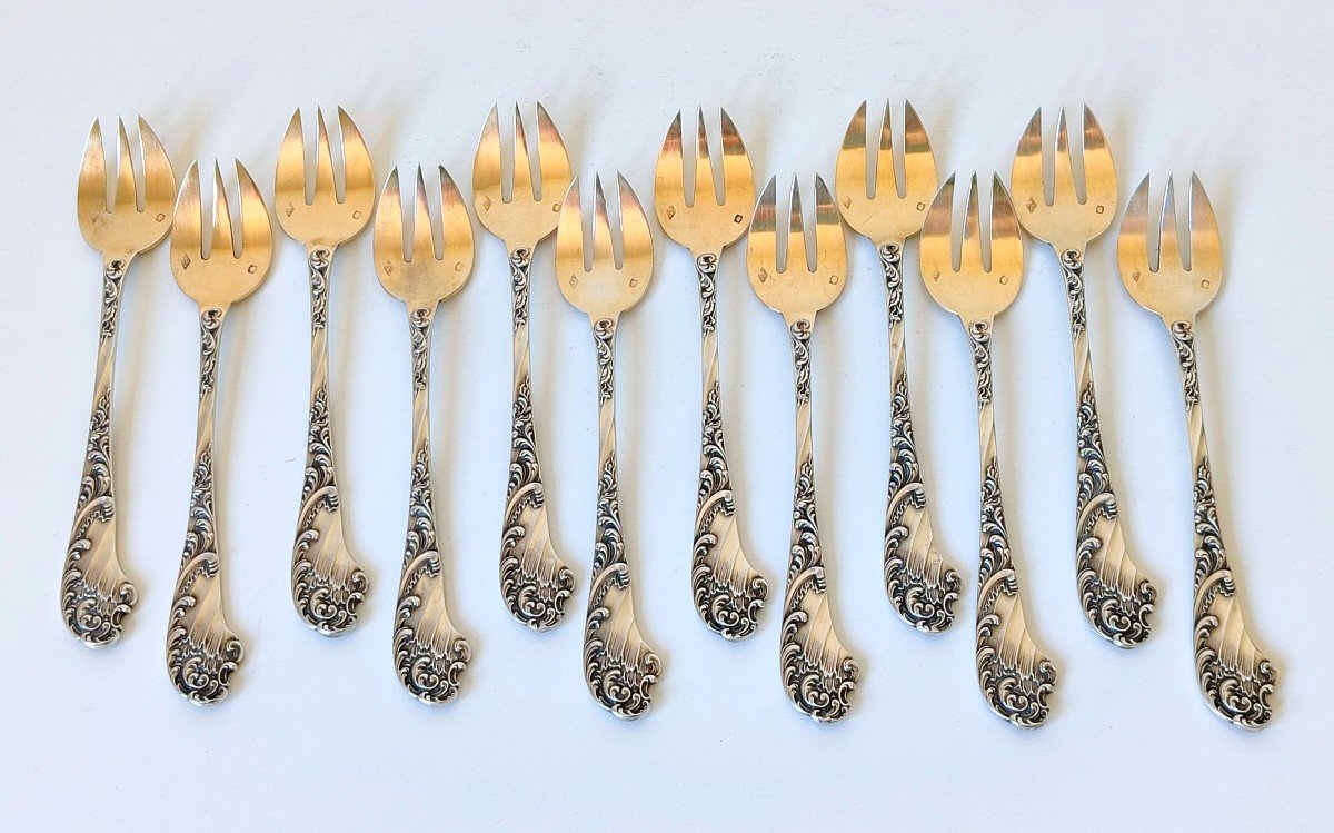 Twelve Oyster Forks In Solid Silver -photo-3