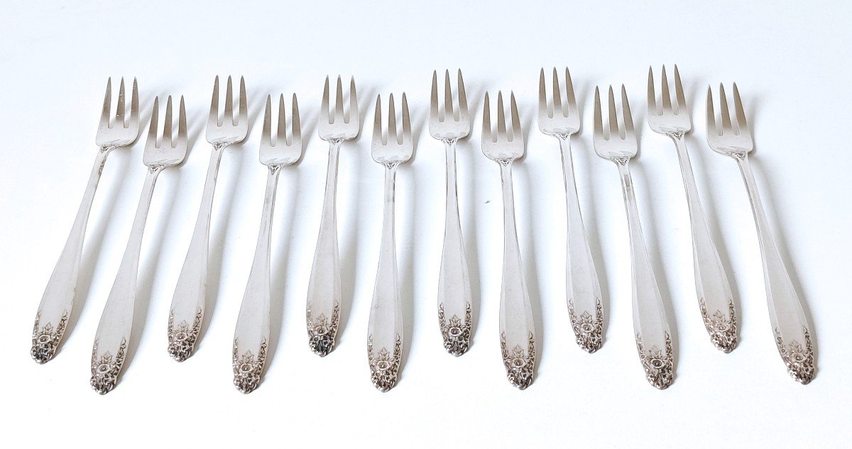 Twelve Solid Silver Seafood Forks 