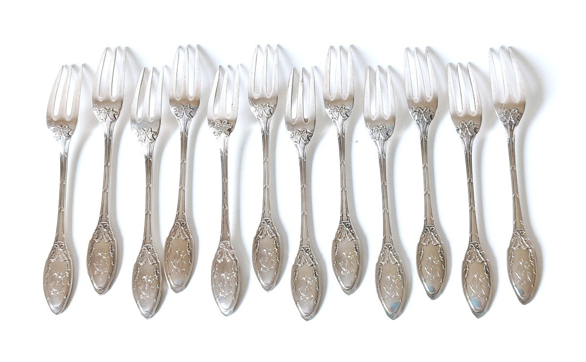 Twelve Solid Silver Cake Forks -photo-4