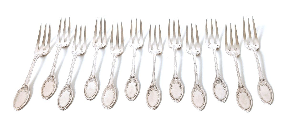 Twelve Solid Silver Cake Forks 