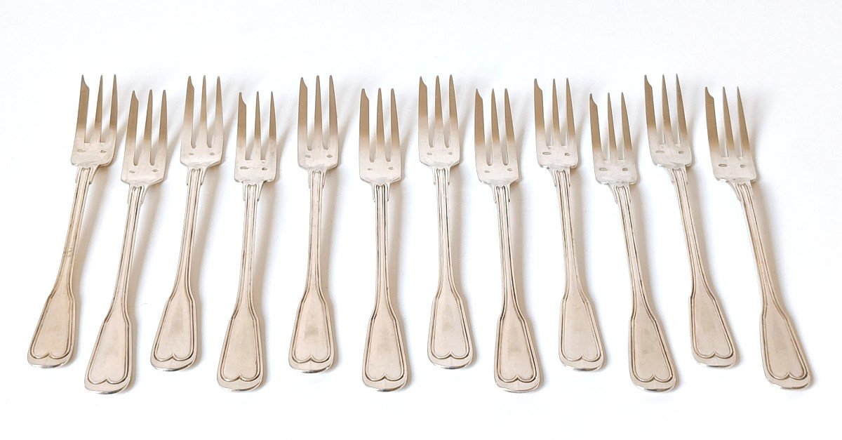 Twelve Solid Silver Cake Forks -photo-2