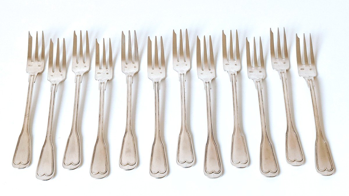 Twelve Solid Silver Cake Forks 