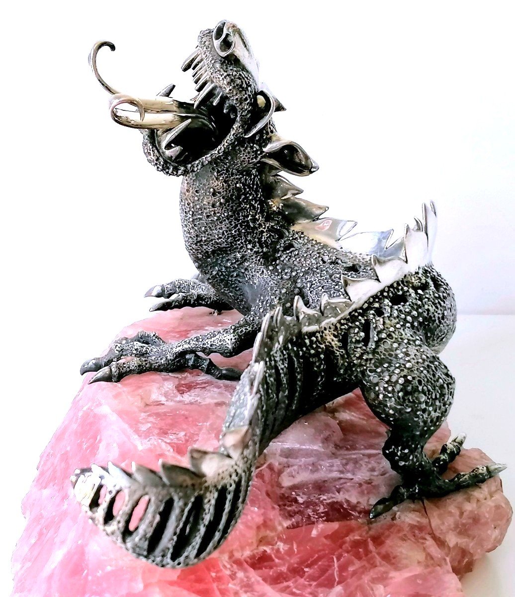 Dragon en argent massif sur un socle en quartz rose-photo-2