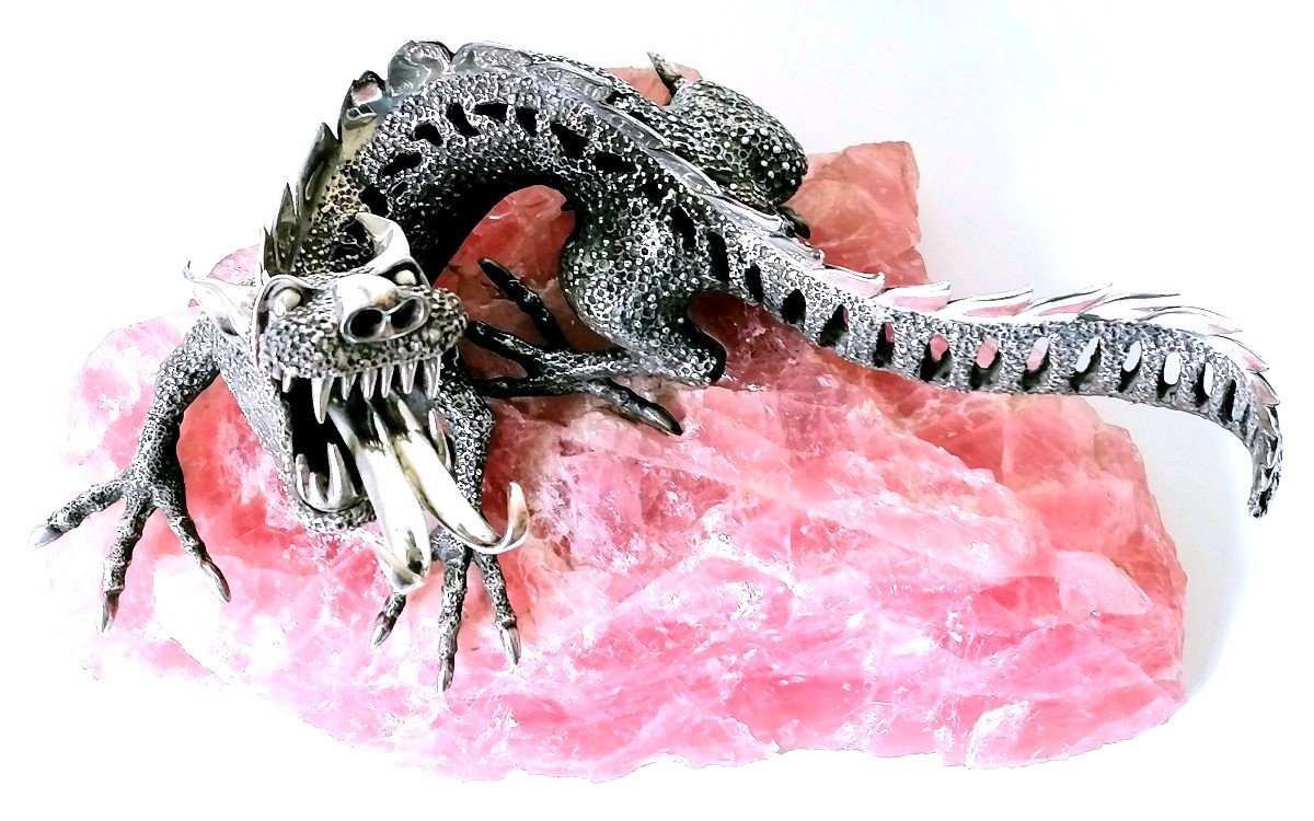 Dragon en argent massif sur un socle en quartz rose-photo-3