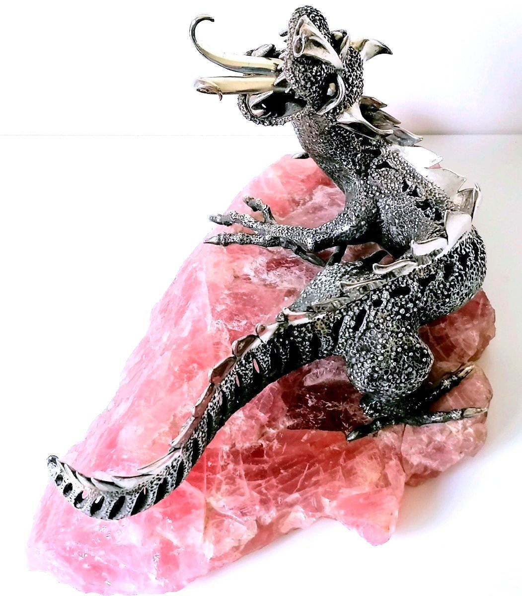 Dragon en argent massif sur un socle en quartz rose-photo-4