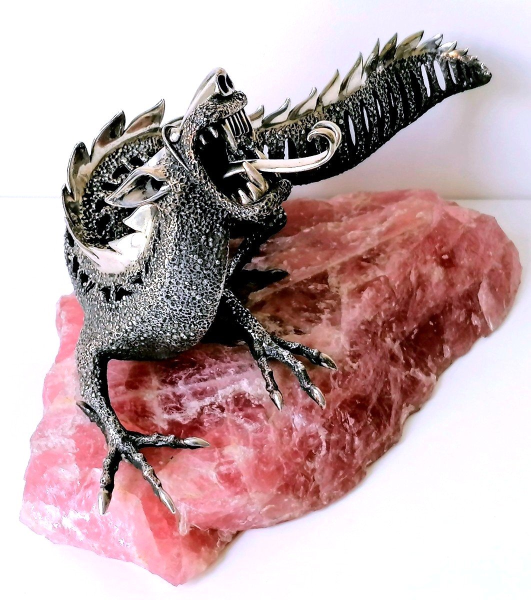 Dragon en argent massif sur un socle en quartz rose-photo-2