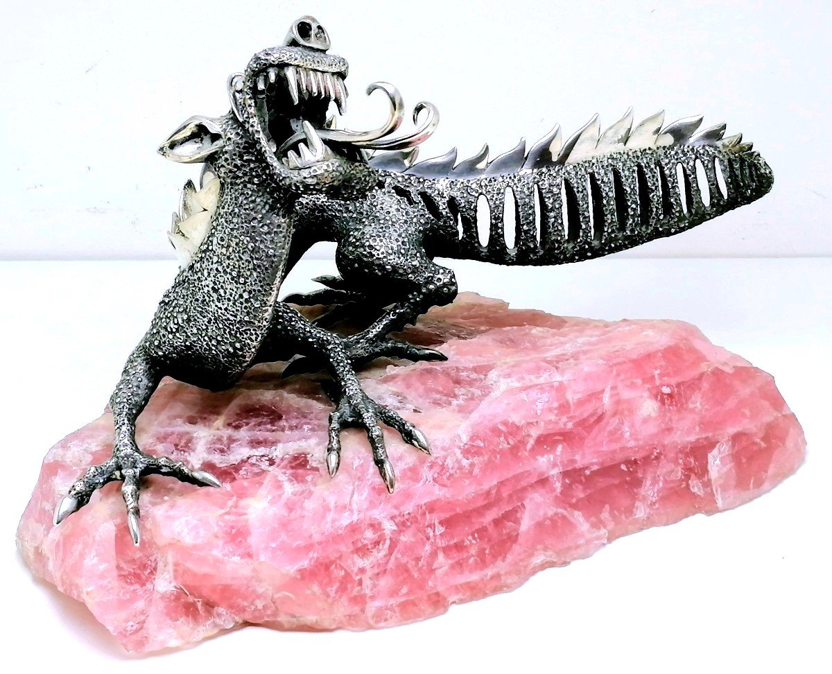 Dragon en argent massif sur un socle en quartz rose-photo-5