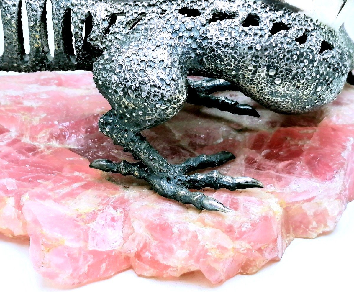 Dragon en argent massif sur un socle en quartz rose-photo-6