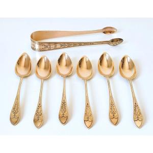 Six Coffeespoons And A Sugar Tongs In Solid Silver Empire Vermeil 