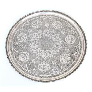 Round Serving Tray In Solid Silver Persian, Iran