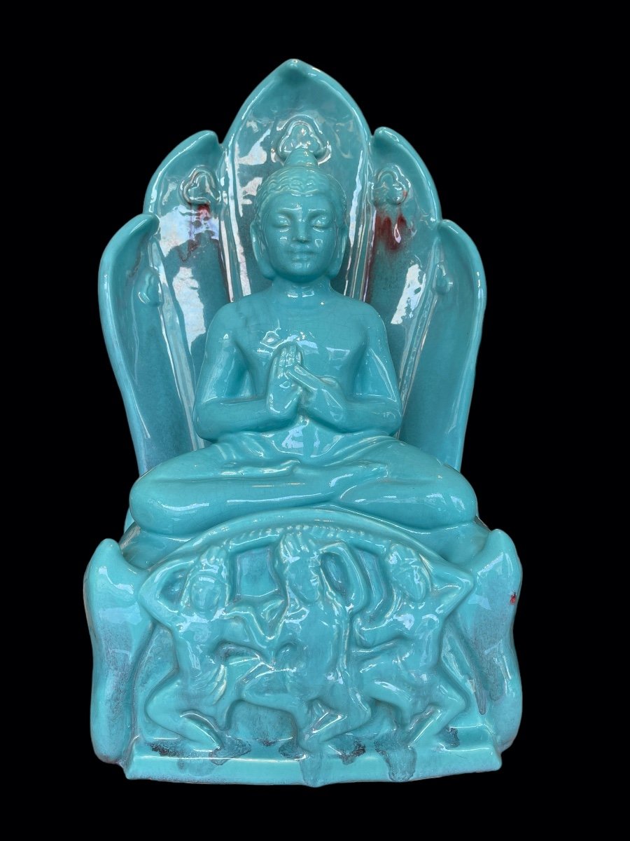 Large Buddha In Blue Ceramic From Vallauris-photo-2