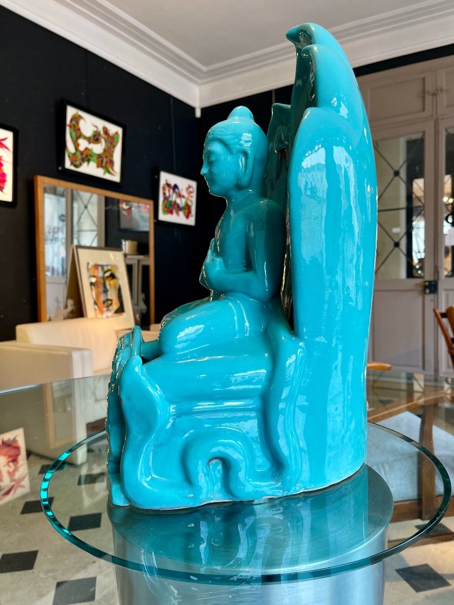 Large Buddha In Blue Ceramic From Vallauris-photo-1