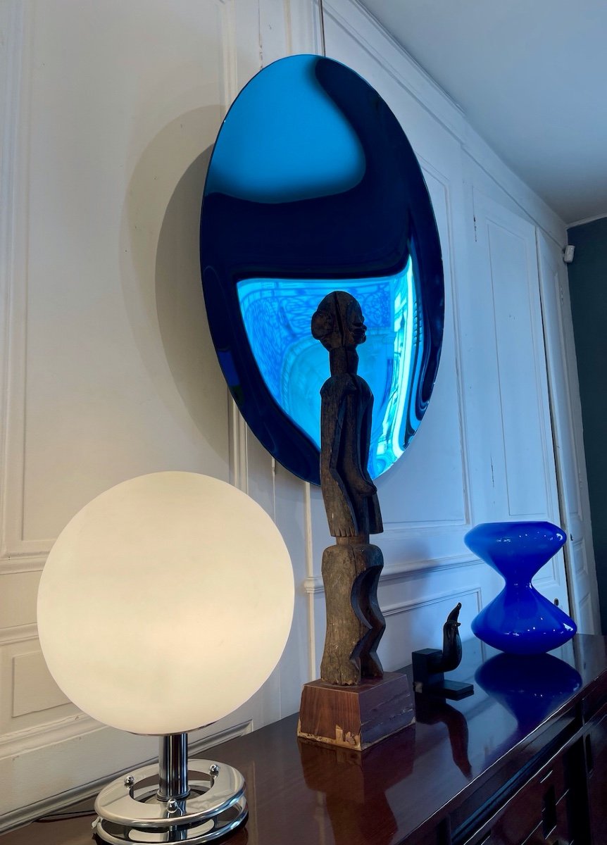 Grand Miroir Sculptural Concave En Verre Coloré Bleu - Italie XXIe Siècle-photo-4