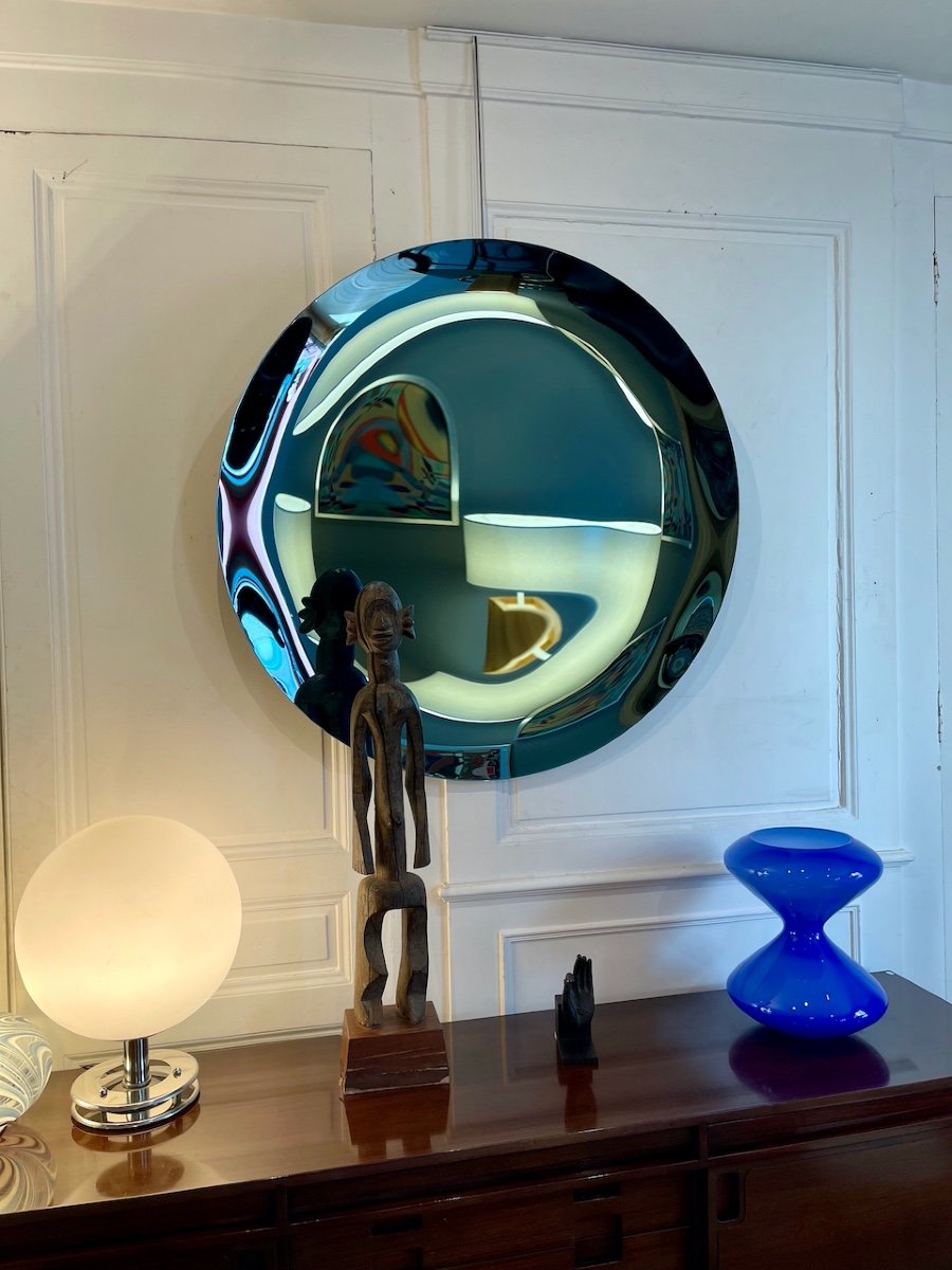 Grand Miroir Sculptural Concave En Verre Coloré Bleu - Italie XXIe Siècle-photo-3