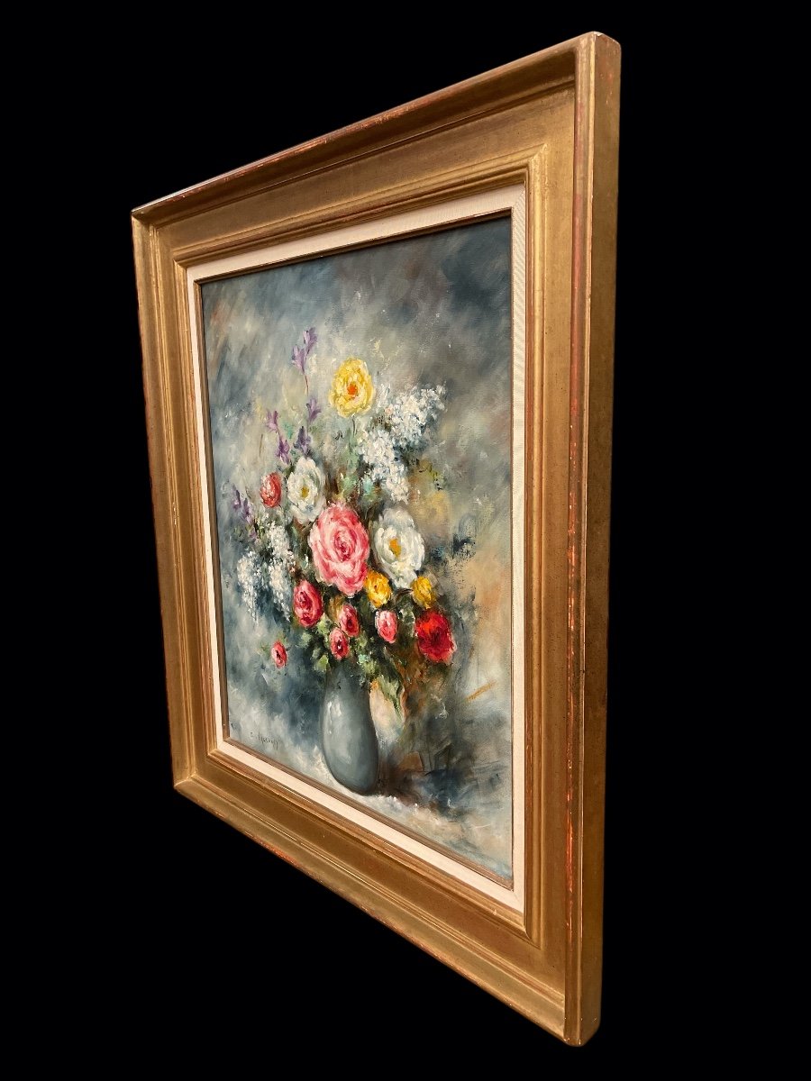 Large Oil On Canvas "peonies" Still Life Signed Claude Valgrand (1936) -photo-2