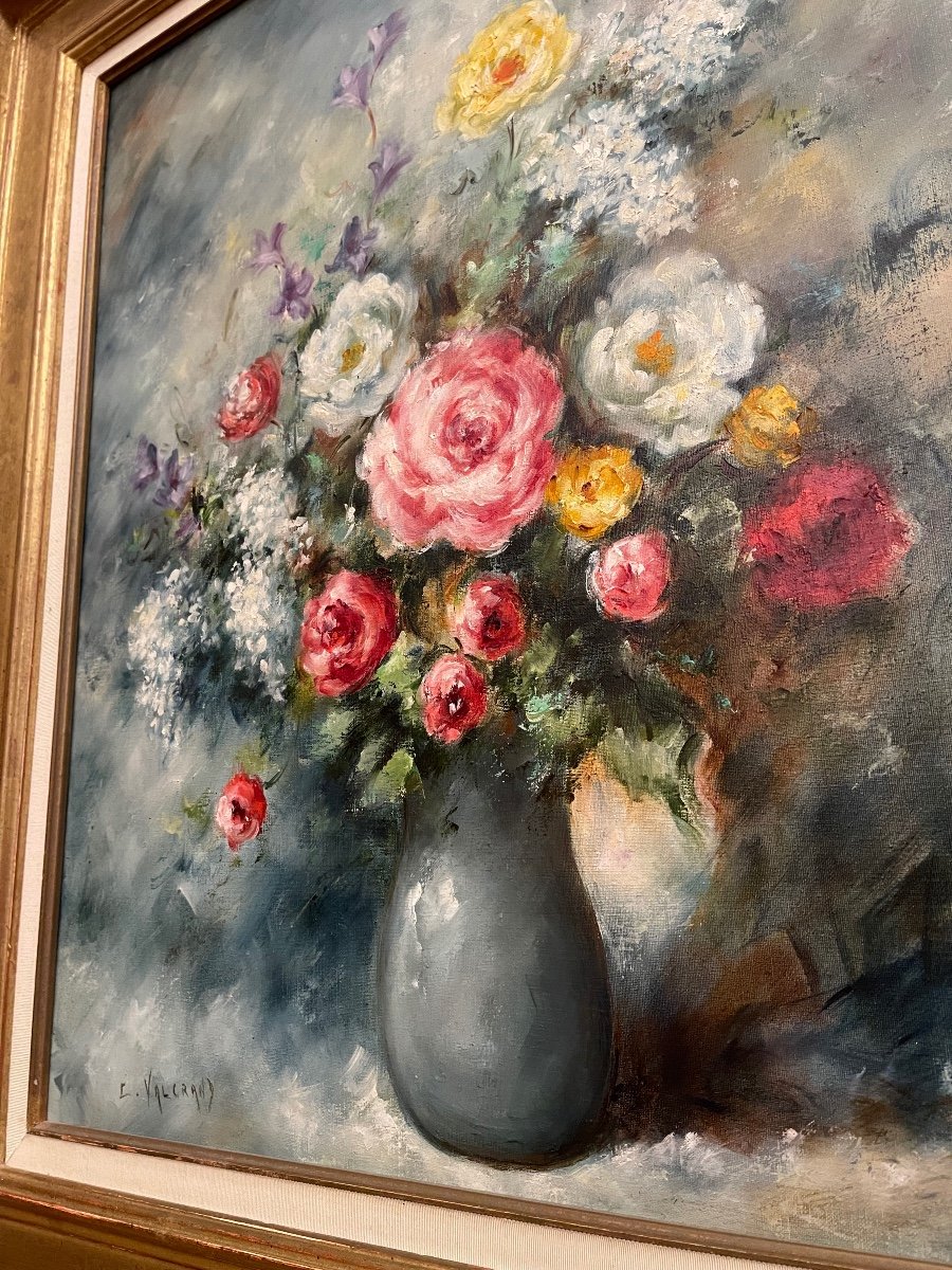 Large Oil On Canvas "peonies" Still Life Signed Claude Valgrand (1936) -photo-4