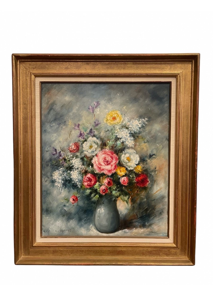 Large Oil On Canvas "peonies" Still Life Signed Claude Valgrand (1936) -photo-7