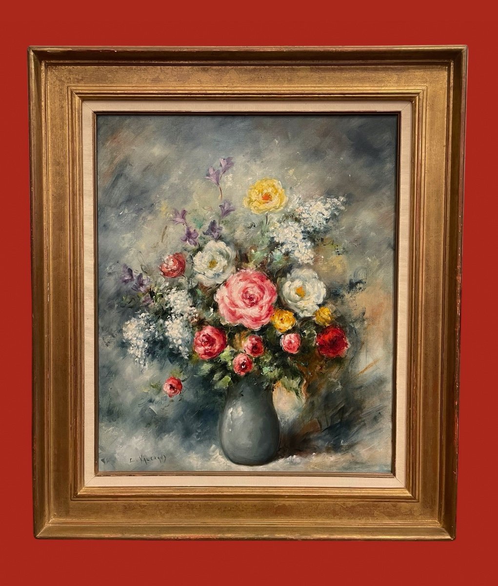 Large Oil On Canvas "peonies" Still Life Signed Claude Valgrand (1936) -photo-8