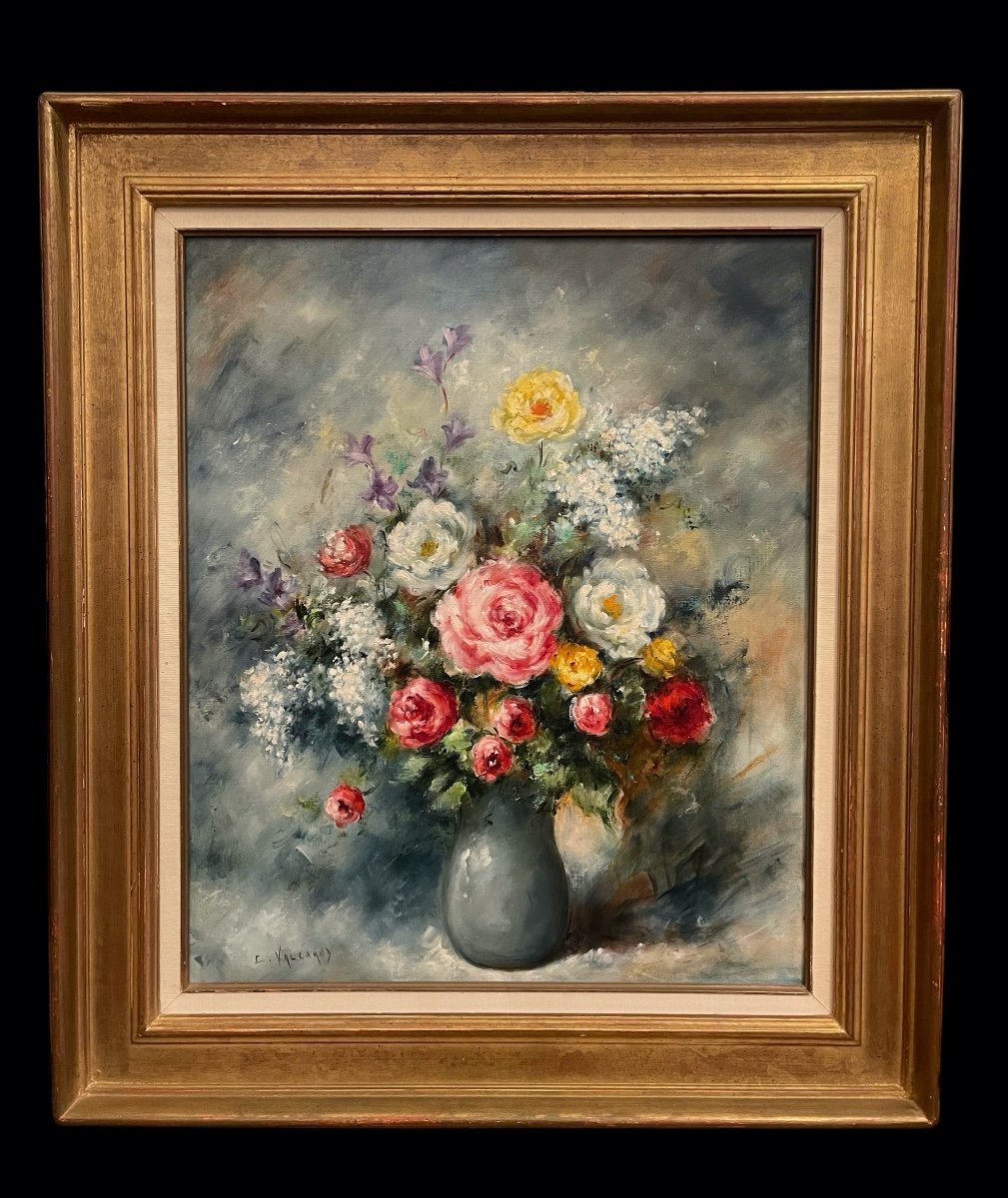 Large Oil On Canvas "peonies" Still Life Signed Claude Valgrand (1936) 