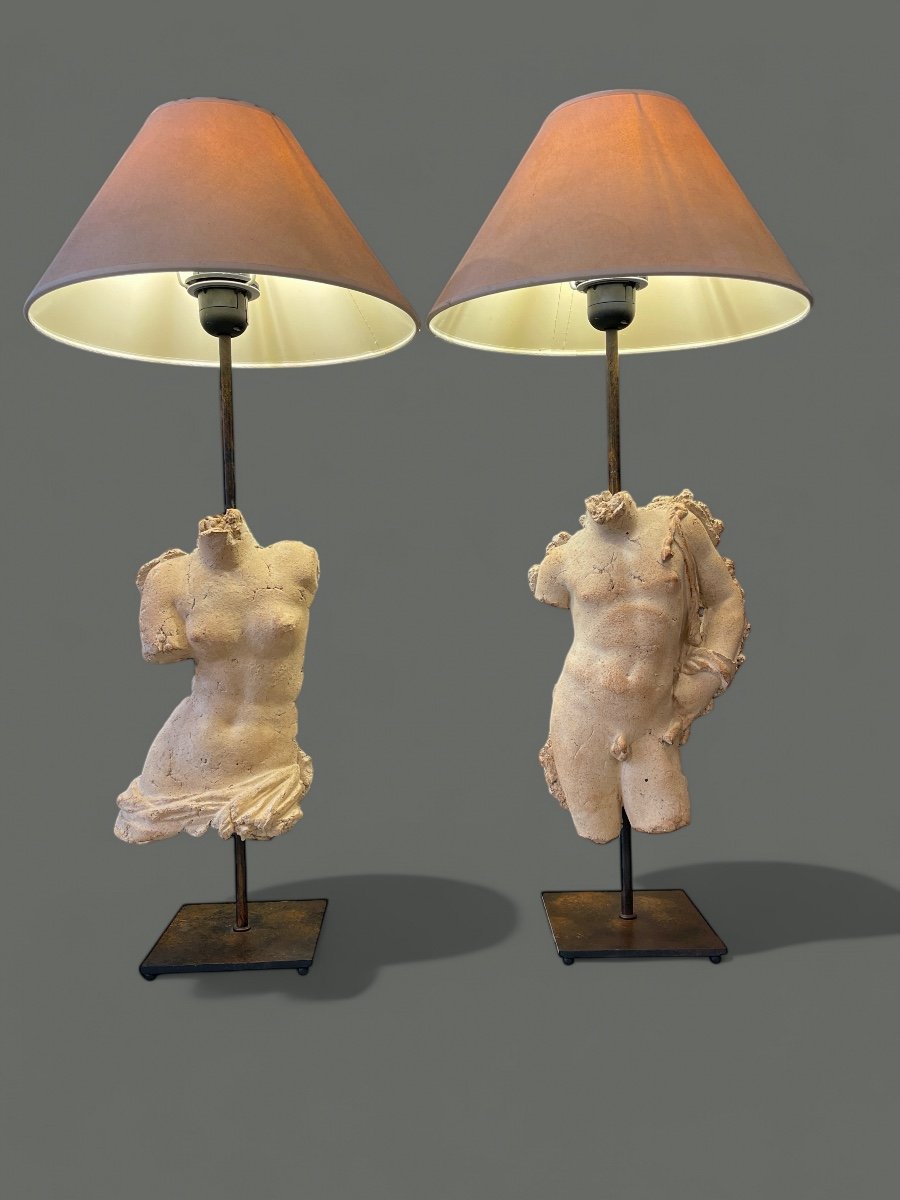 Pair Of Antique Terracotta Sculpture Lamps By Michel Cayla - 20th Century-photo-2