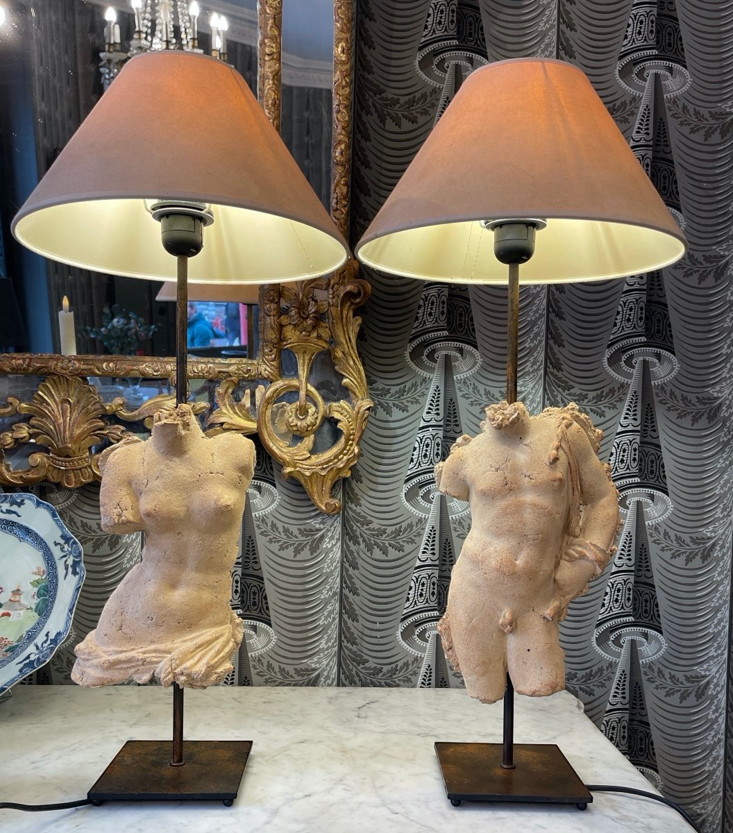 Pair Of Antique Terracotta Sculpture Lamps By Michel Cayla - 20th Century-photo-1