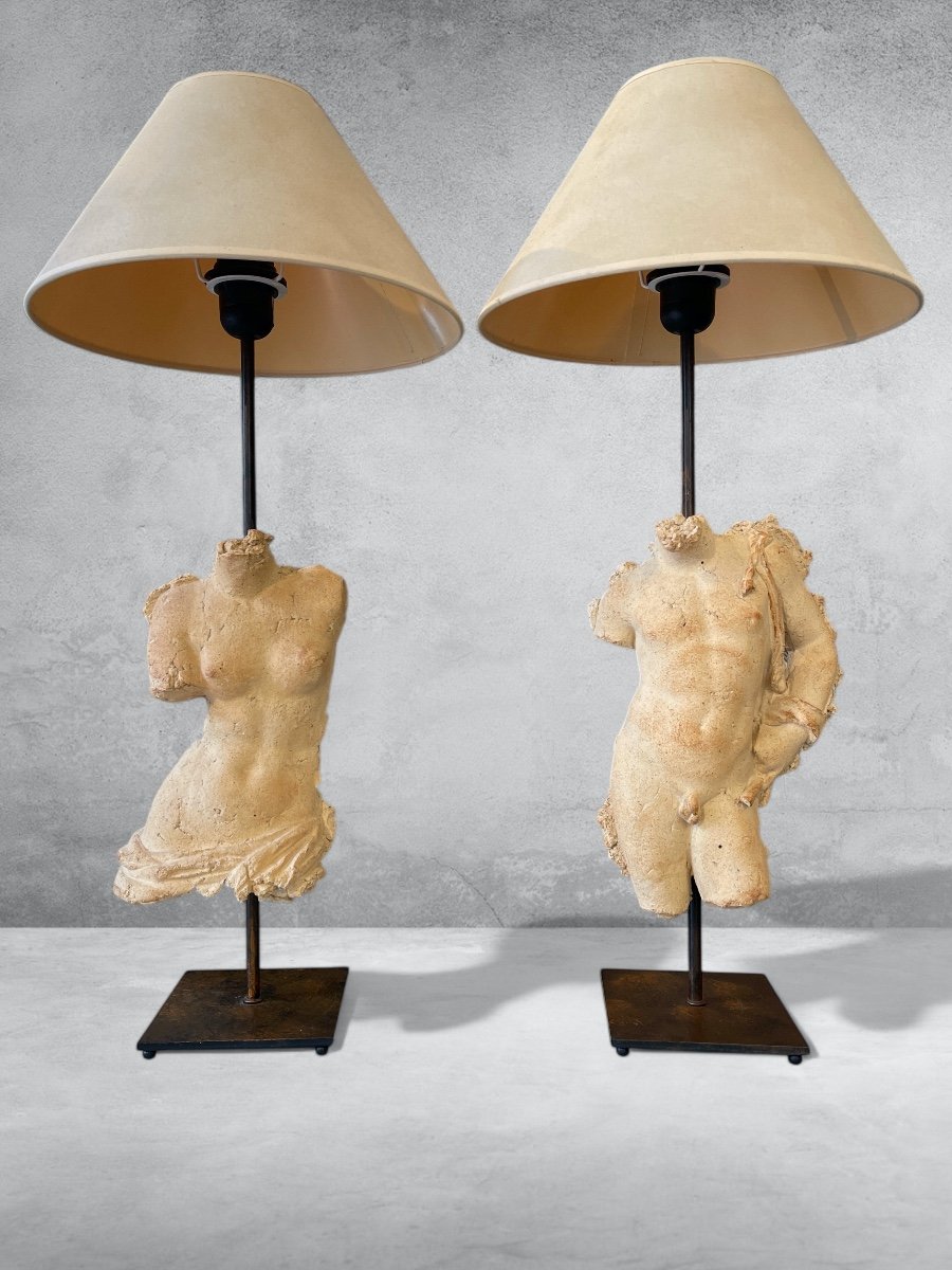 Pair Of Antique Terracotta Sculpture Lamps By Michel Cayla - 20th Century-photo-5