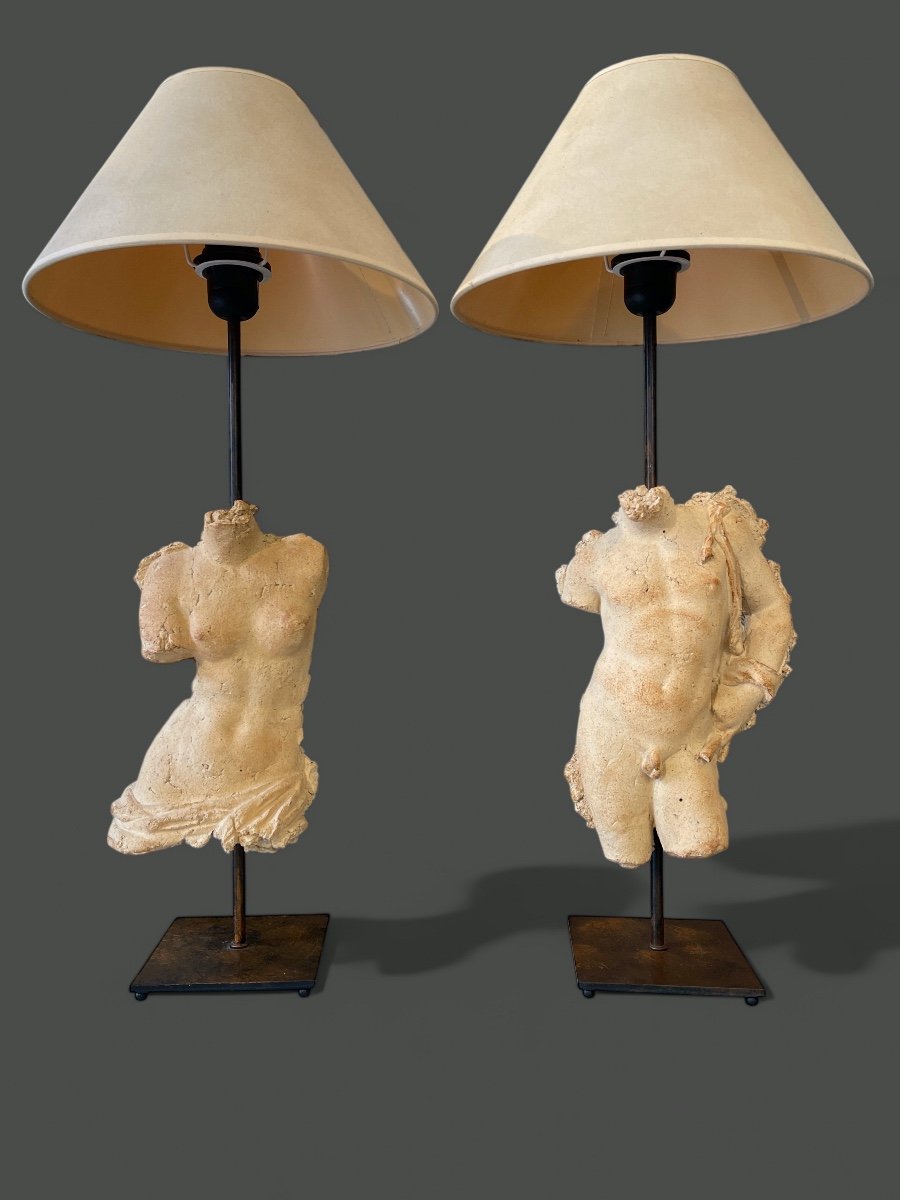 Pair Of Antique Terracotta Sculpture Lamps By Michel Cayla - 20th Century-photo-6