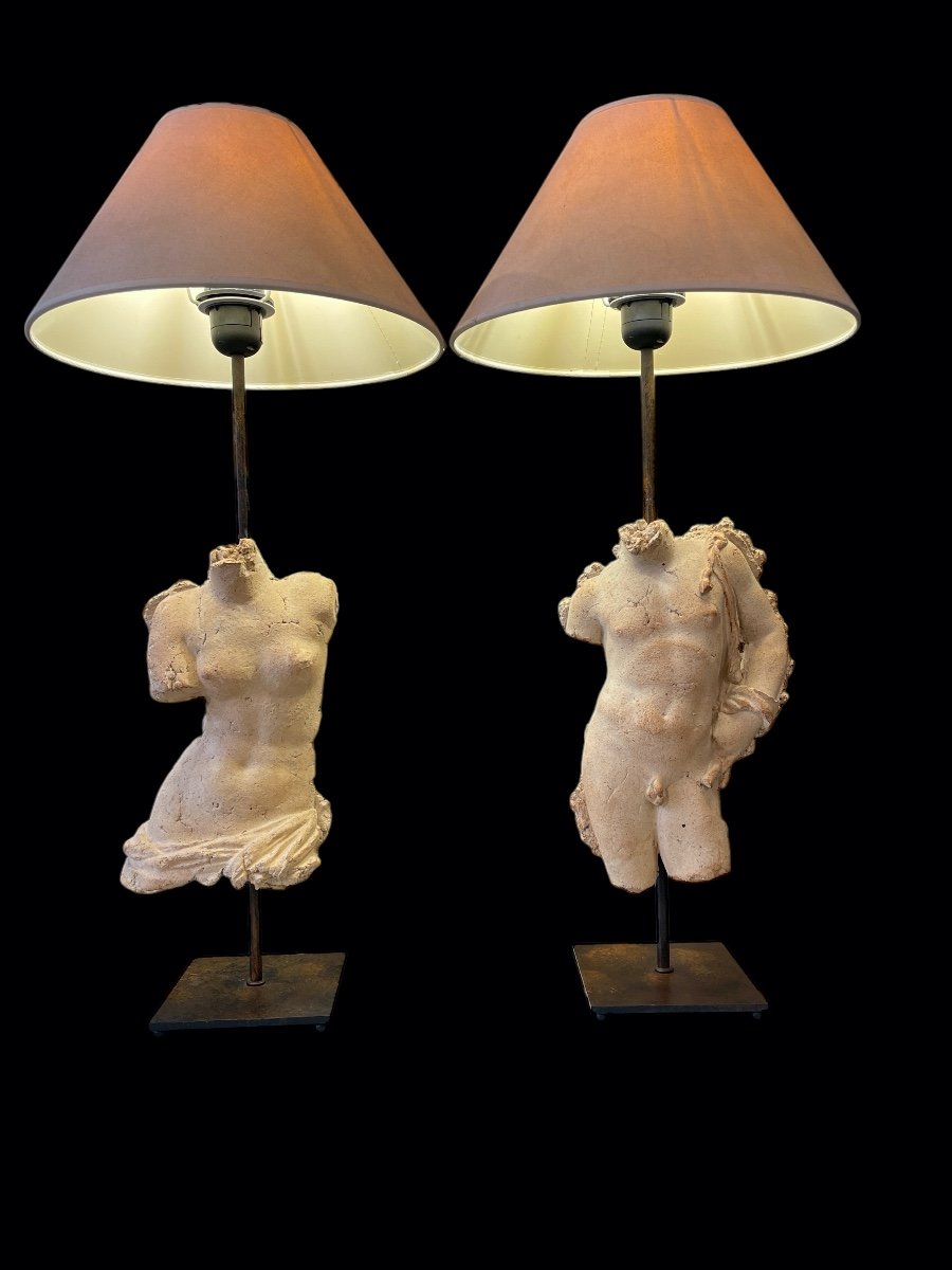 Pair Of Antique Terracotta Sculpture Lamps By Michel Cayla - 20th Century