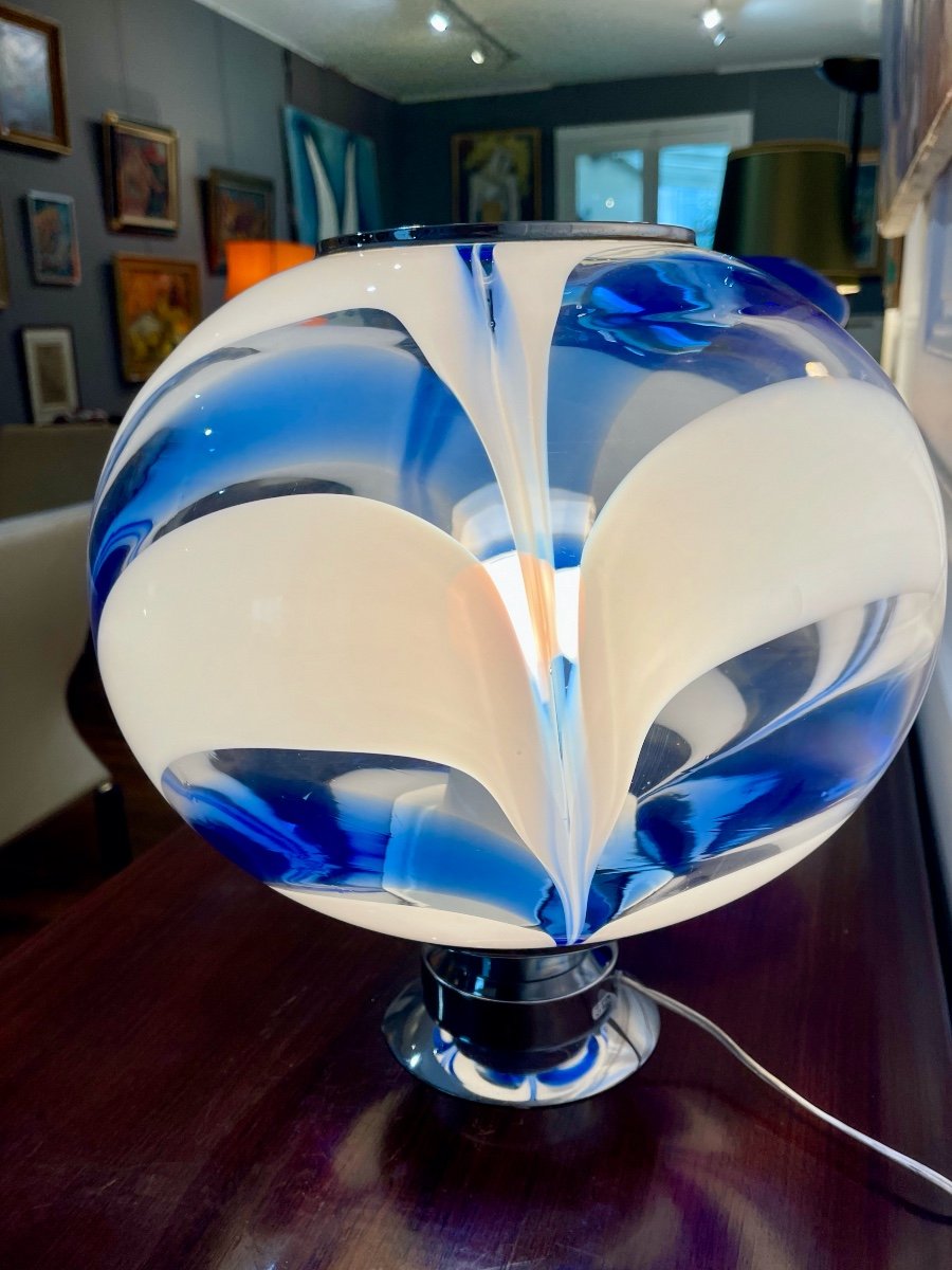 Blue And White Murano Glass Globe Lamp - Italy 1970s-photo-3